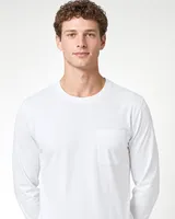 StringKing Men's Pima Jersey Long Sleeve Pocket Tee - Sharp Fit, White, Collar Shoulder - Human Model