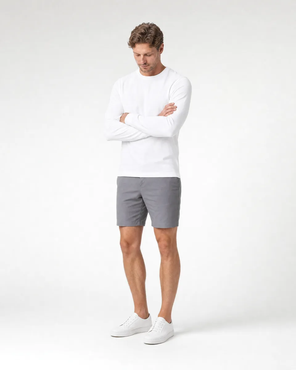 StringKing Men's Pima Jersey Long Sleeve Tee - Sharp Fit, White, Full Front Angle - Human Model