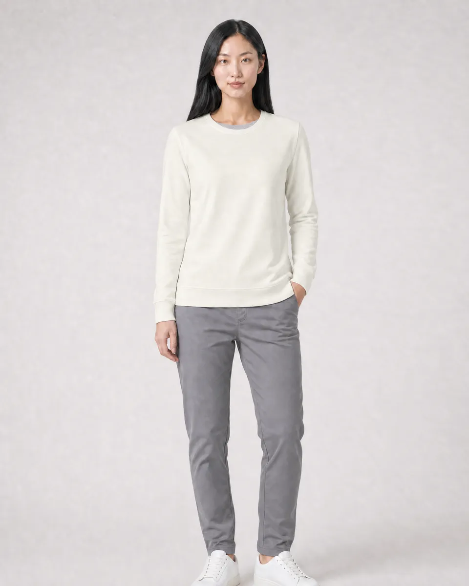 StringKing Women's Pima Terry Crew Sweater - Sharp Fit, Tofu, Full Front - Human Model - Top of head to Knees