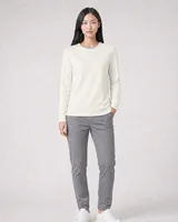 StringKing Women's Pima Terry Crew Sweater - Sharp Fit, Tofu, Full Front - Human Model - Top of head to Knees
