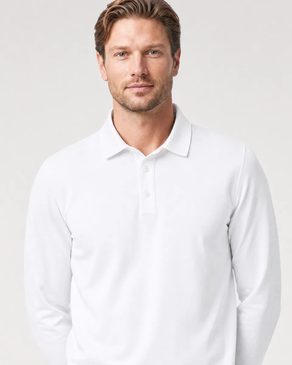 StringKing Men's Pima Jersey Long Sleeve Polo Multi, Collar Shoulder - Human Model