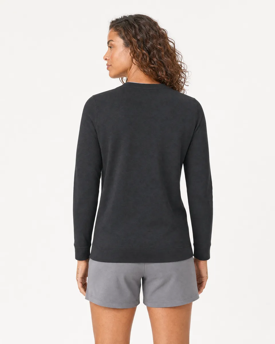 StringKing Women's Pima Terry V-Neck Sweater - Sharp Fit, Black, Full Back - Human Model - Top of head to Mid-thigh