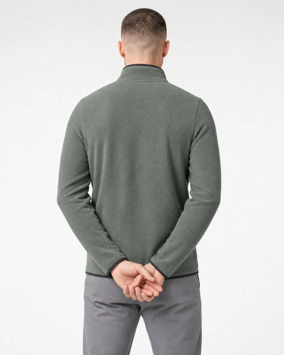 StringKing Men's Polartec Fleece Quarter Zip with Pockets - Sharp Fit, Avenue Green, Full Back - Human Model - Top of head to Mid-thigh
