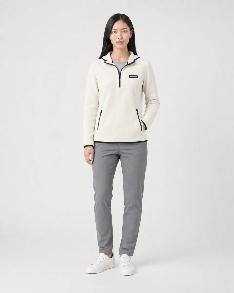 StringKing Women's Polartec Fleece Quarter Zip Hoodie with Pockets - Sharp Fit, Jet Stream, Full Front - Human Model