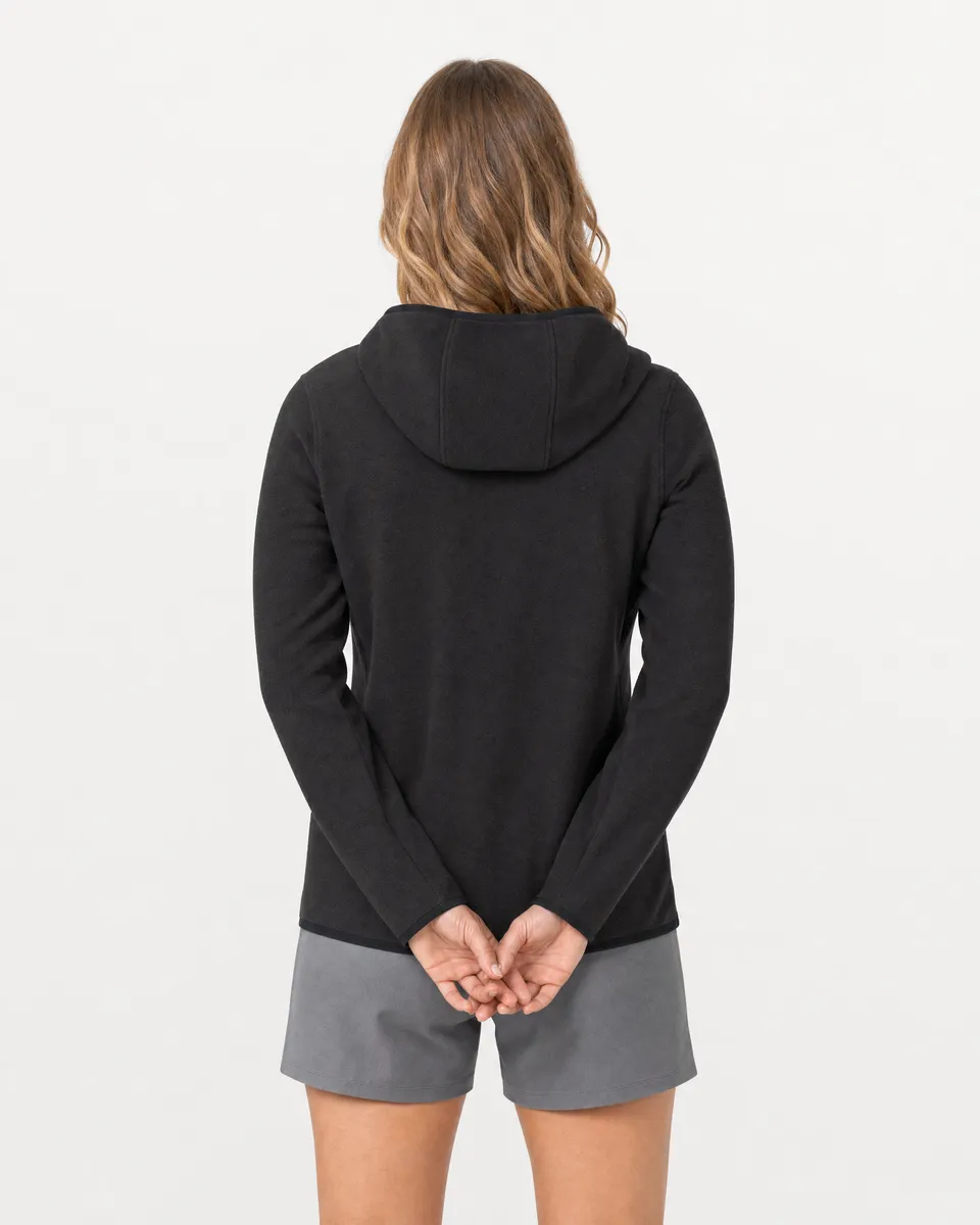 StringKing Women's Polartec Fleece Quarter Zip Hoodie with Pockets - Sharp Fit, Meteorite, Full Back - Human Model - Top of head to Mid-thigh