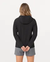 StringKing Women's Polartec Fleece Quarter Zip Hoodie with Pockets - Sharp Fit, Meteorite, Full Back - Human Model - Top of head to Mid-thigh