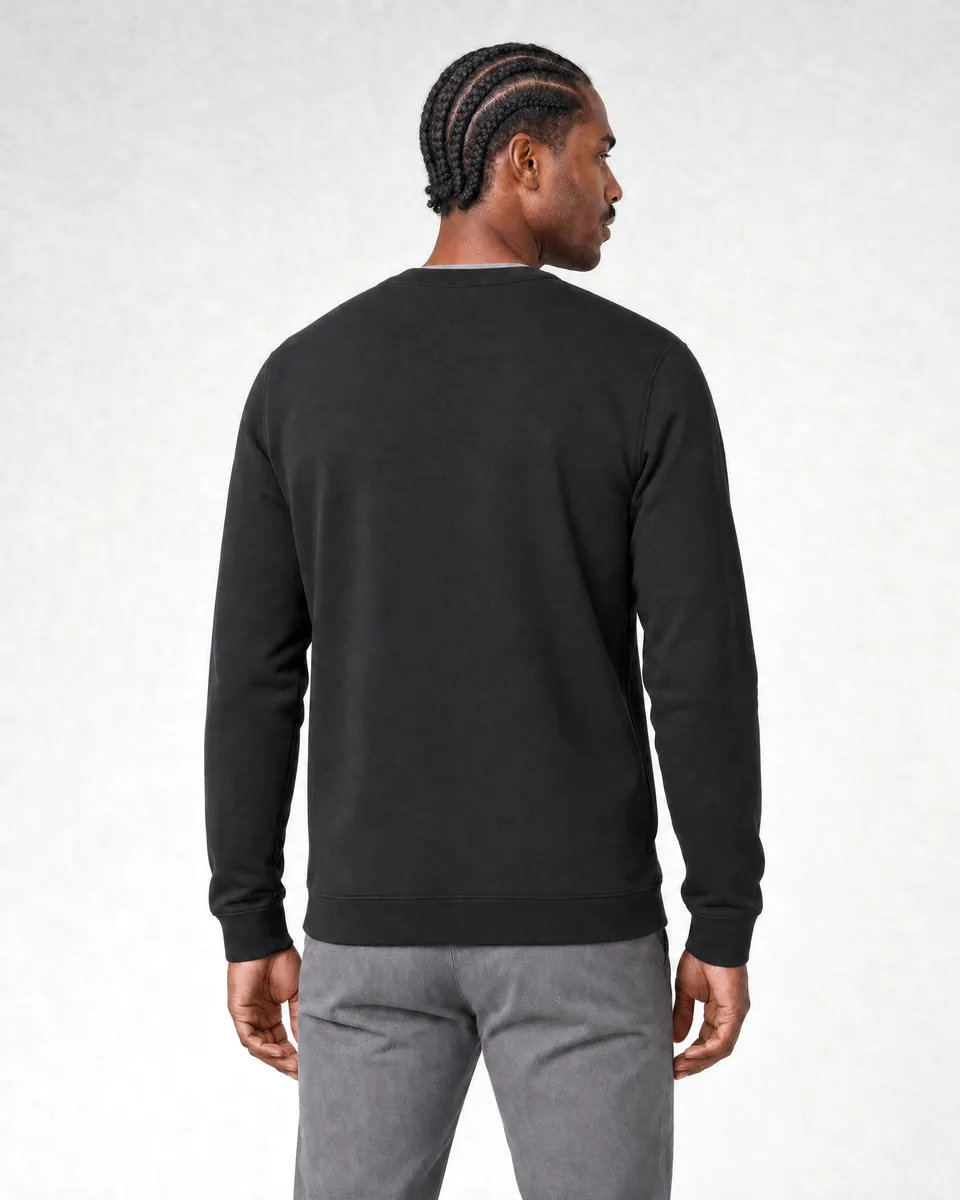 StringKing Men's Pima Terry Henley - Sharp Fit, Black, Full Back - Human Model - Top of head to Mid-thigh