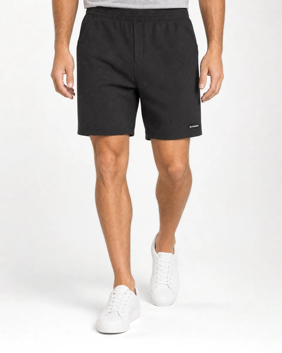 StringKing Men's Polartec Fleece Shorts - Relaxed Fit, Meteorite, Full Front - Human Model - Waist to Mid-calf