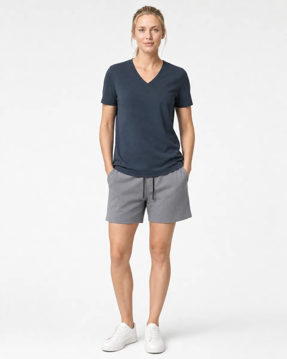 StringKing Women's Pima Terry V-Neck Tee - Relaxed Fit, Navy, Full Front - Human Model - Top of head to Knees