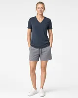 StringKing Women's Pima Terry V-Neck Tee - Relaxed Fit, Navy, Full Front - Human Model - Top of head to Knees