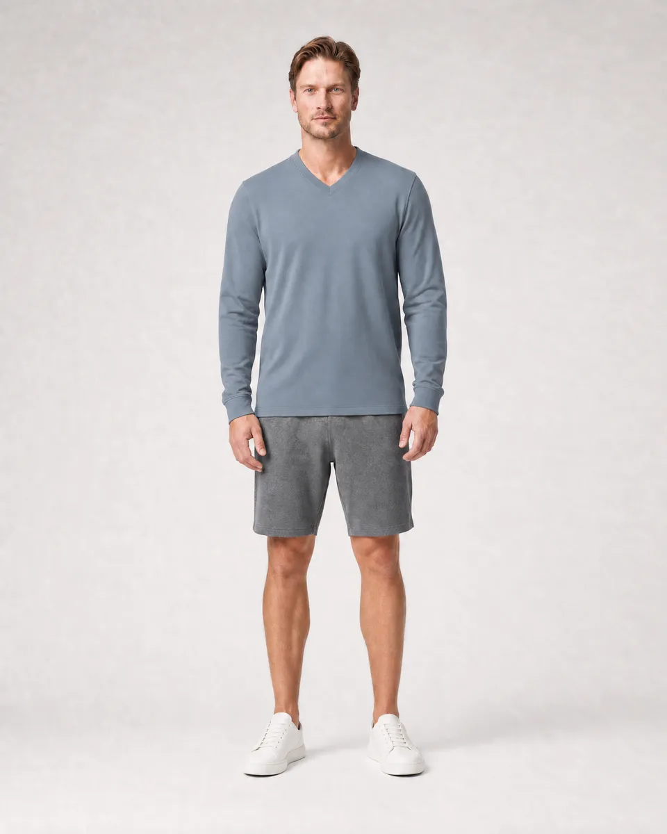 StringKing Men's Pima Terry Long Sleeve V-Neck Tee - Sharp Fit, Tradewinds, Full Front - Human Model