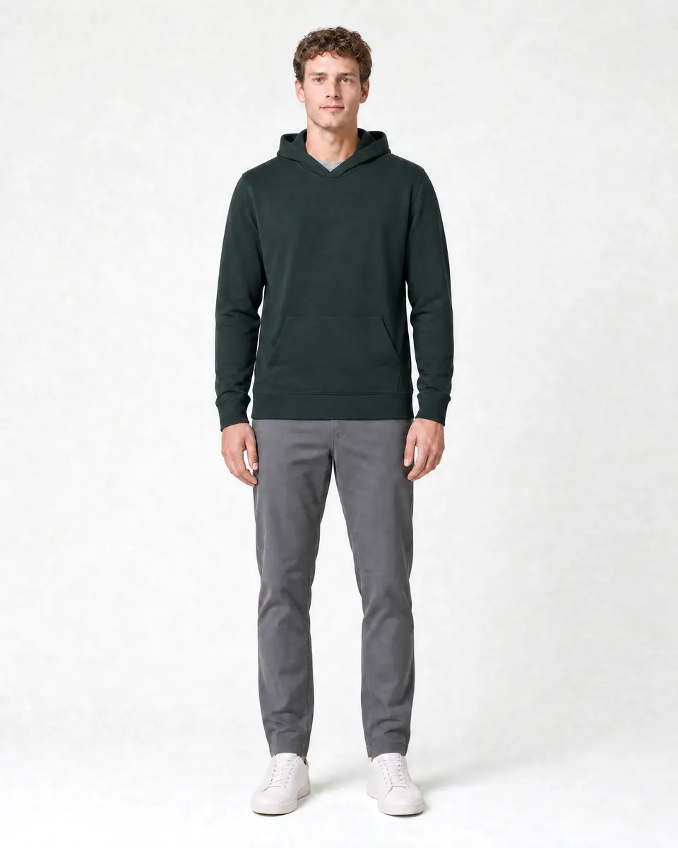 StringKing Men's Pima Terry Hoodie - Sharp Fit, Pine Grove, Full Front - Human Model - Top of head to Knees