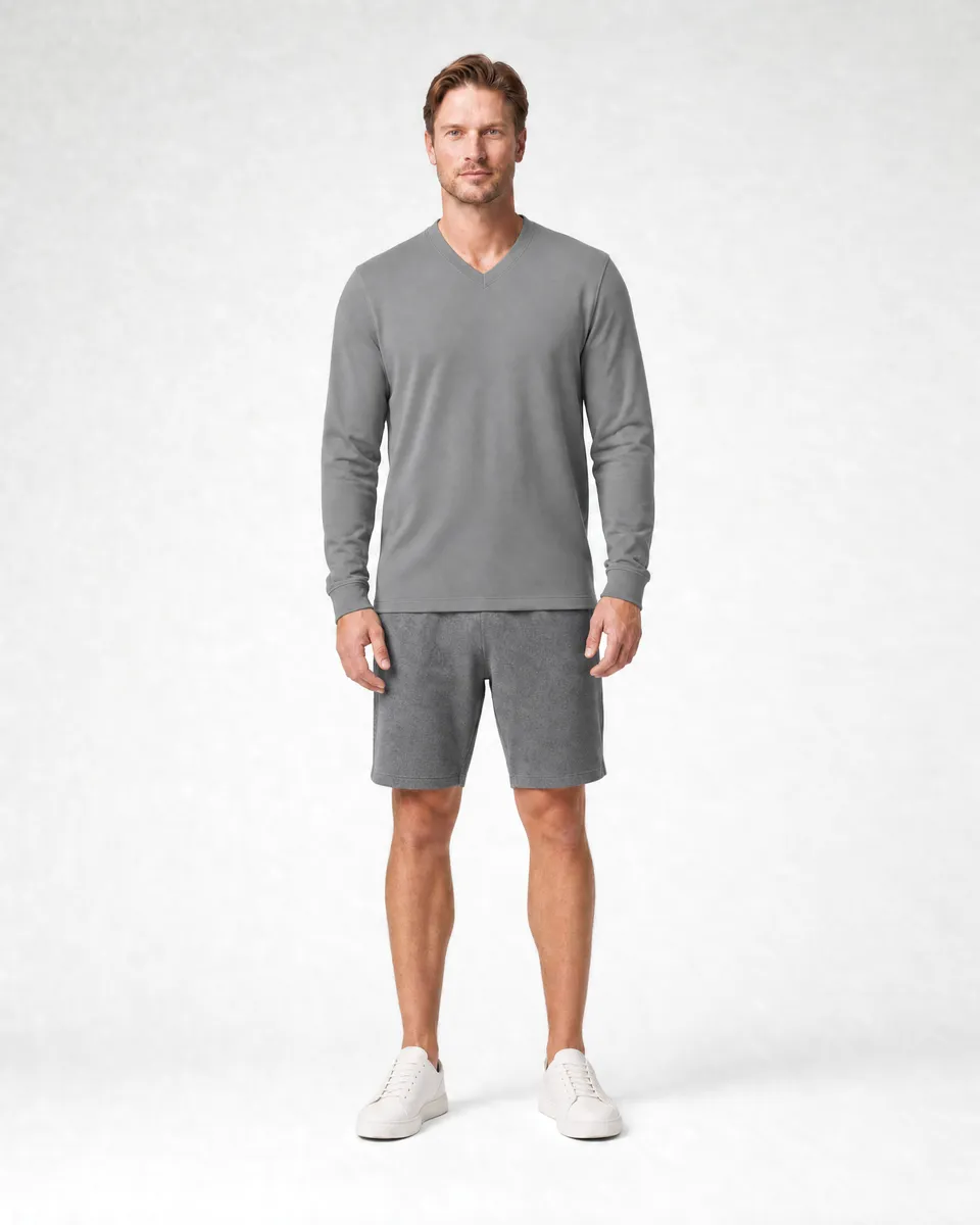 StringKing Men's Pima Terry Long Sleeve V-Neck Tee - Sharp Fit, Frost Gray, Full Front - Human Model