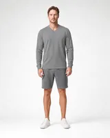 StringKing Men's Pima Terry Long Sleeve V-Neck Tee - Sharp Fit, Frost Gray, Full Front - Human Model