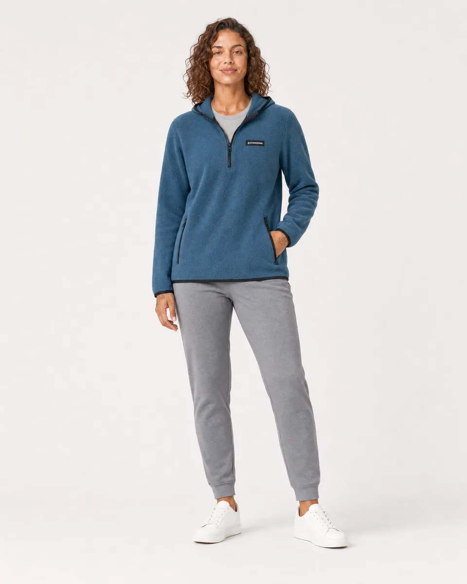 StringKing Women's Polartec Fleece Quarter Zip Hoodie with Pockets - Relaxed Fit, Indian Teal, Full Front - Human Model - Top of head to Knees