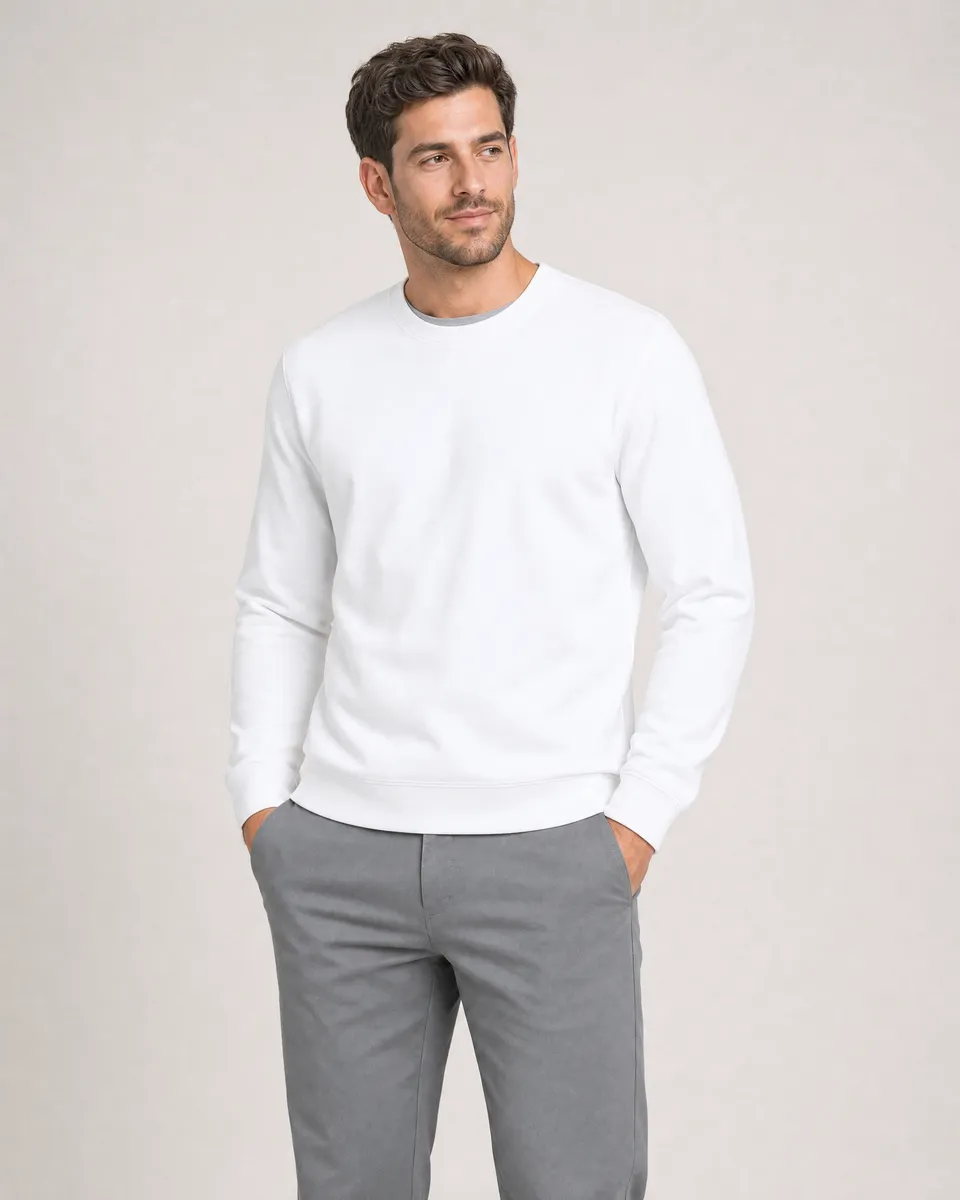 StringKing Men's Pima Terry Crew Sweater - Sharp Fit, White, Full Front - Human Model - Top of head to Knees