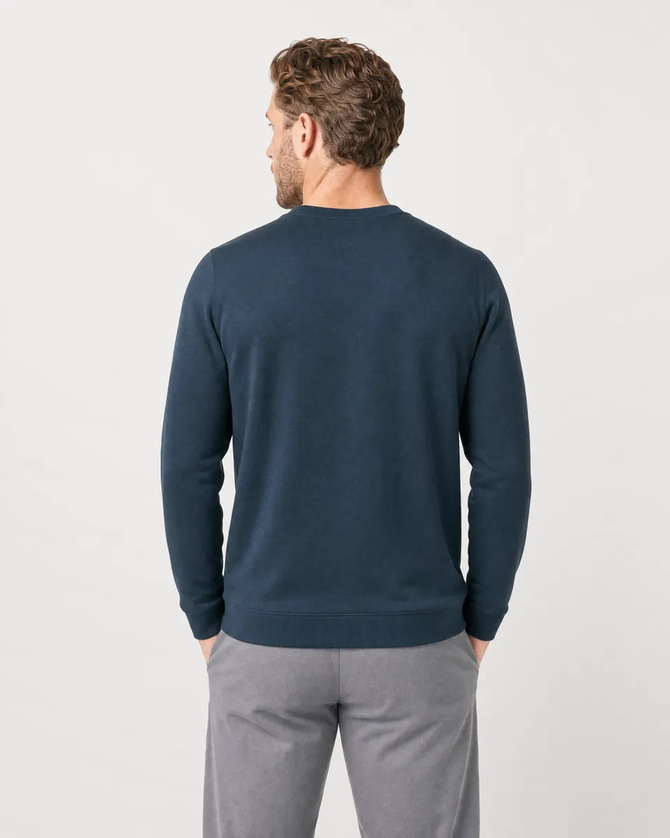 StringKing Men's Pima Terry Crew Sweatshirt - Sharp Fit, Navy, Full Back - Human Model - Top of head to Mid-thigh