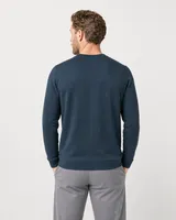 StringKing Men's Pima Terry Crew Sweatshirt - Sharp Fit, Navy, Full Back - Human Model - Top of head to Mid-thigh