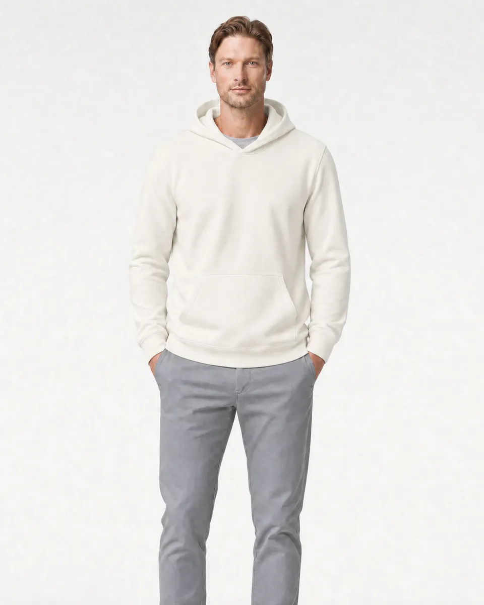 StringKing Men's Pima Terry Hoodie - Relaxed Fit, Tofu, Full Front - Human Model - Top of head to Knees
