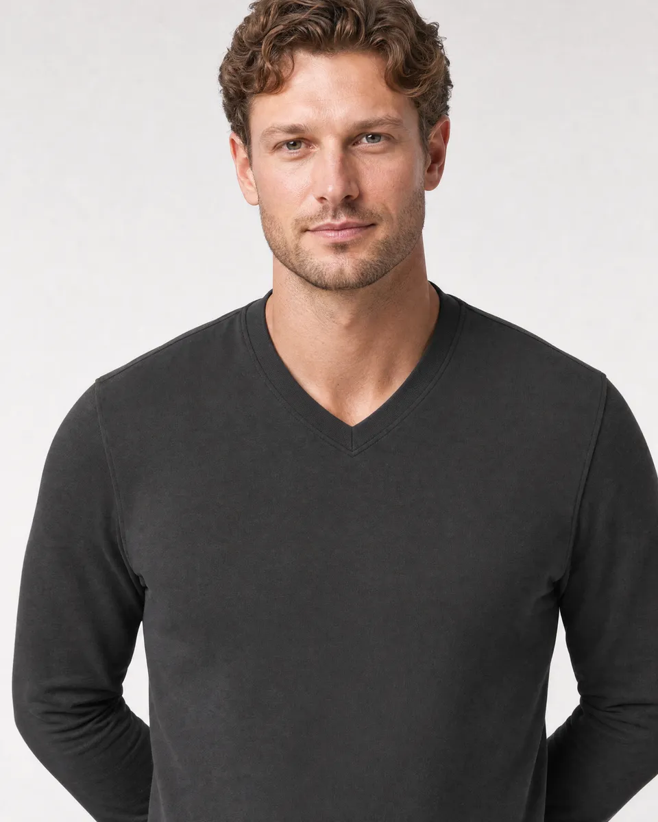 StringKing Men's Pima Terry Long Sleeve V-Neck Tee - Sharp Fit, Peat, Collar Shoulder - Human Model
