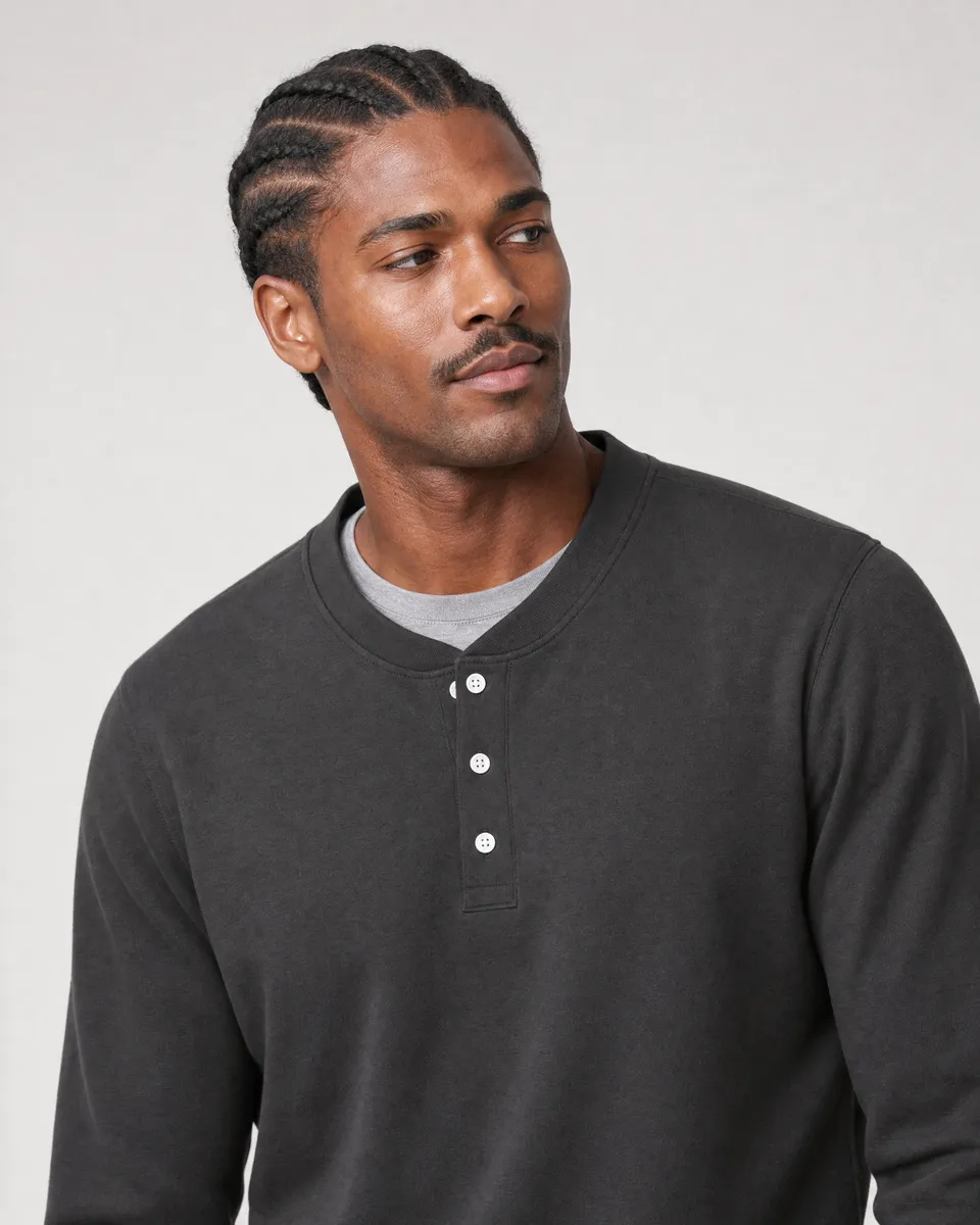 StringKing Men's Pima Terry Henley - Sharp Fit, Peat, Collar Shoulder - Human Model