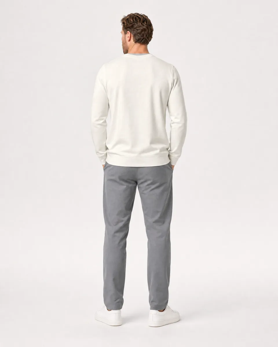 StringKing Men's Pima Terry V-Neck Sweater - Relaxed Fit, Tofu, Full Back - Human Model - Top of head to Mid-thigh