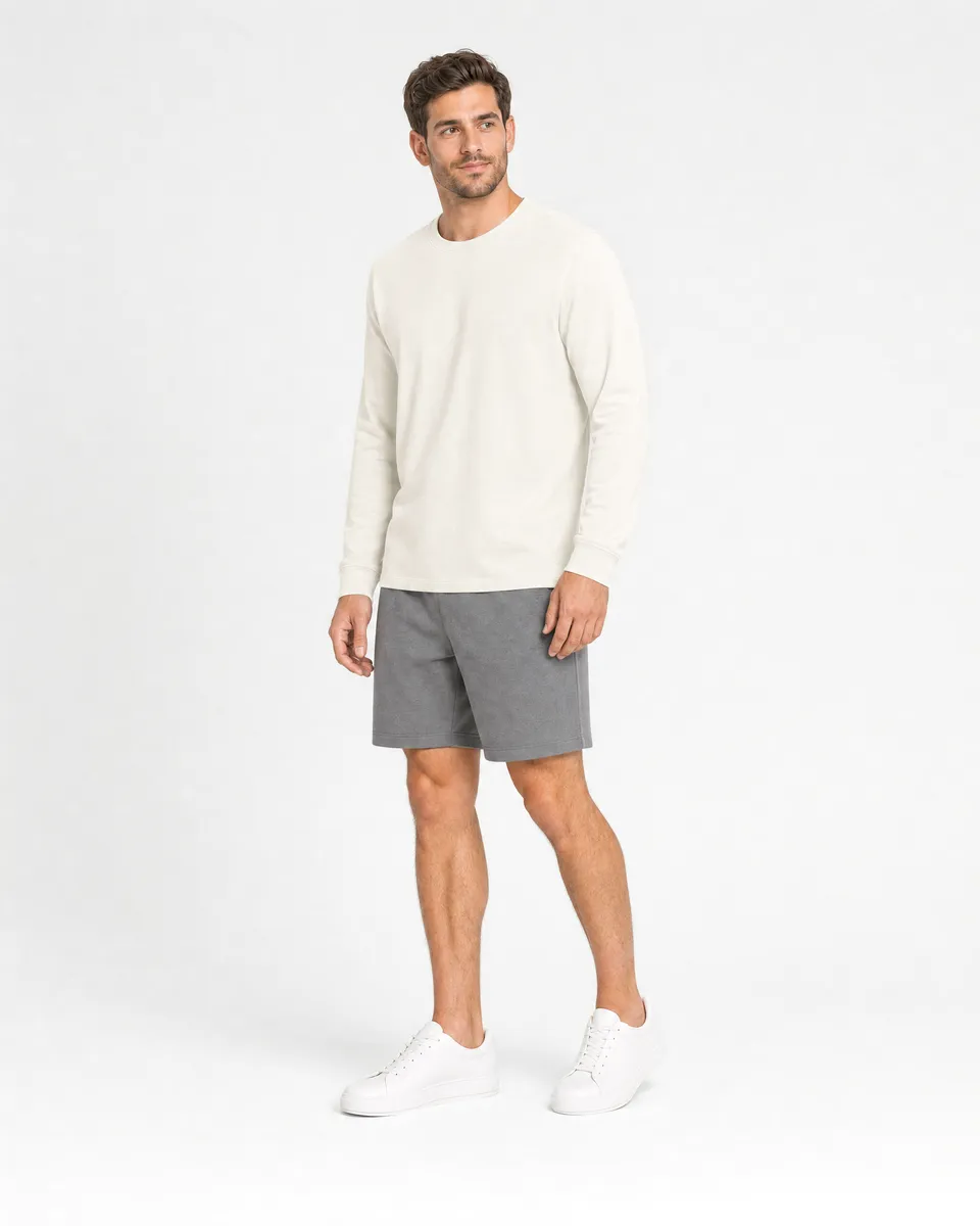 StringKing Men's Pima Terry Long Sleeve Tee - Relaxed Fit, Tofu, Full Front Angle - Human Model