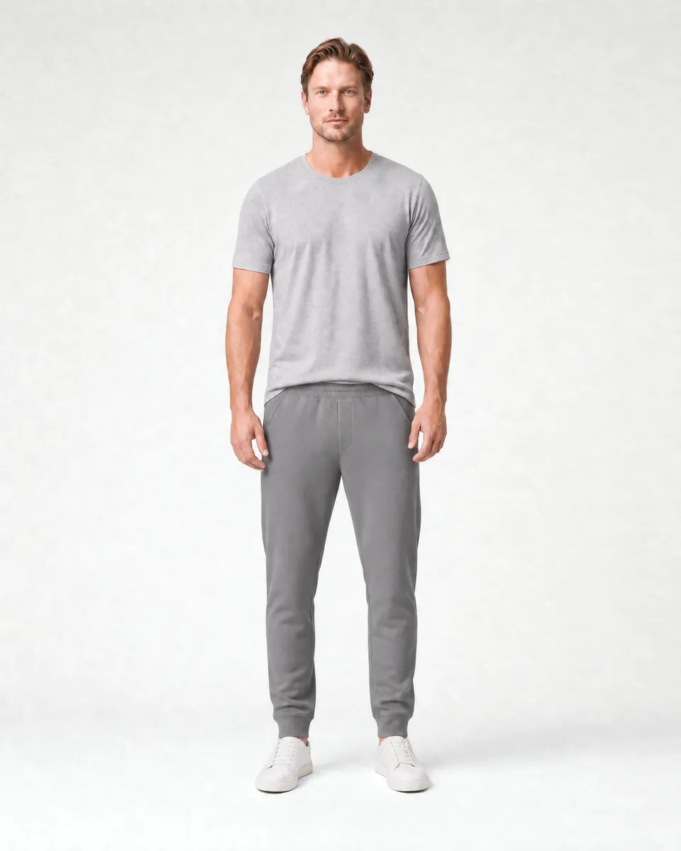 StringKing Men's Pima Terry Sweatpants - Sharp Fit, Frost Gray, Full Front - Human Model