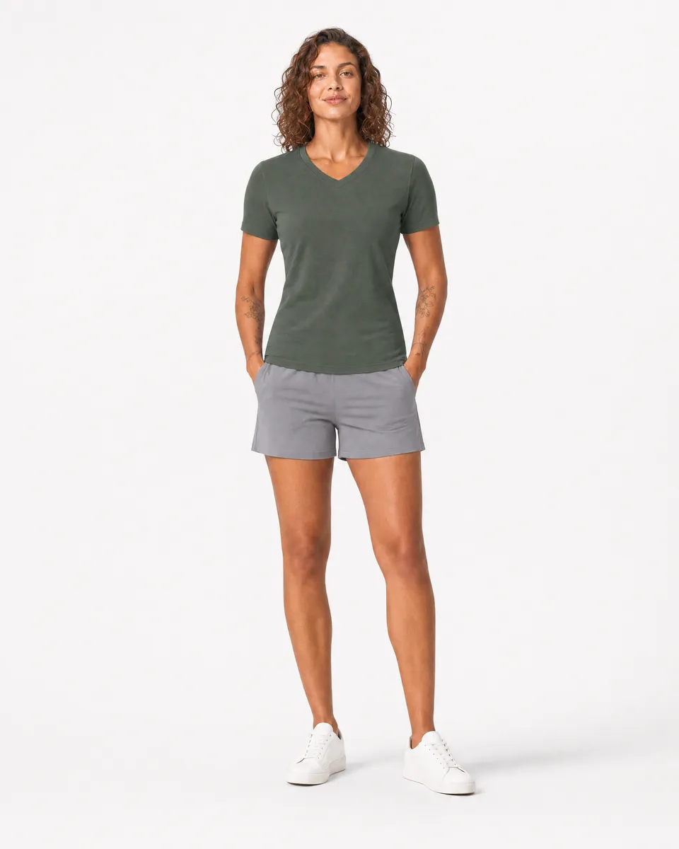 StringKing Women's Pima Terry V-Neck Tee - Sharp Fit, Moss, Full Front - Human Model