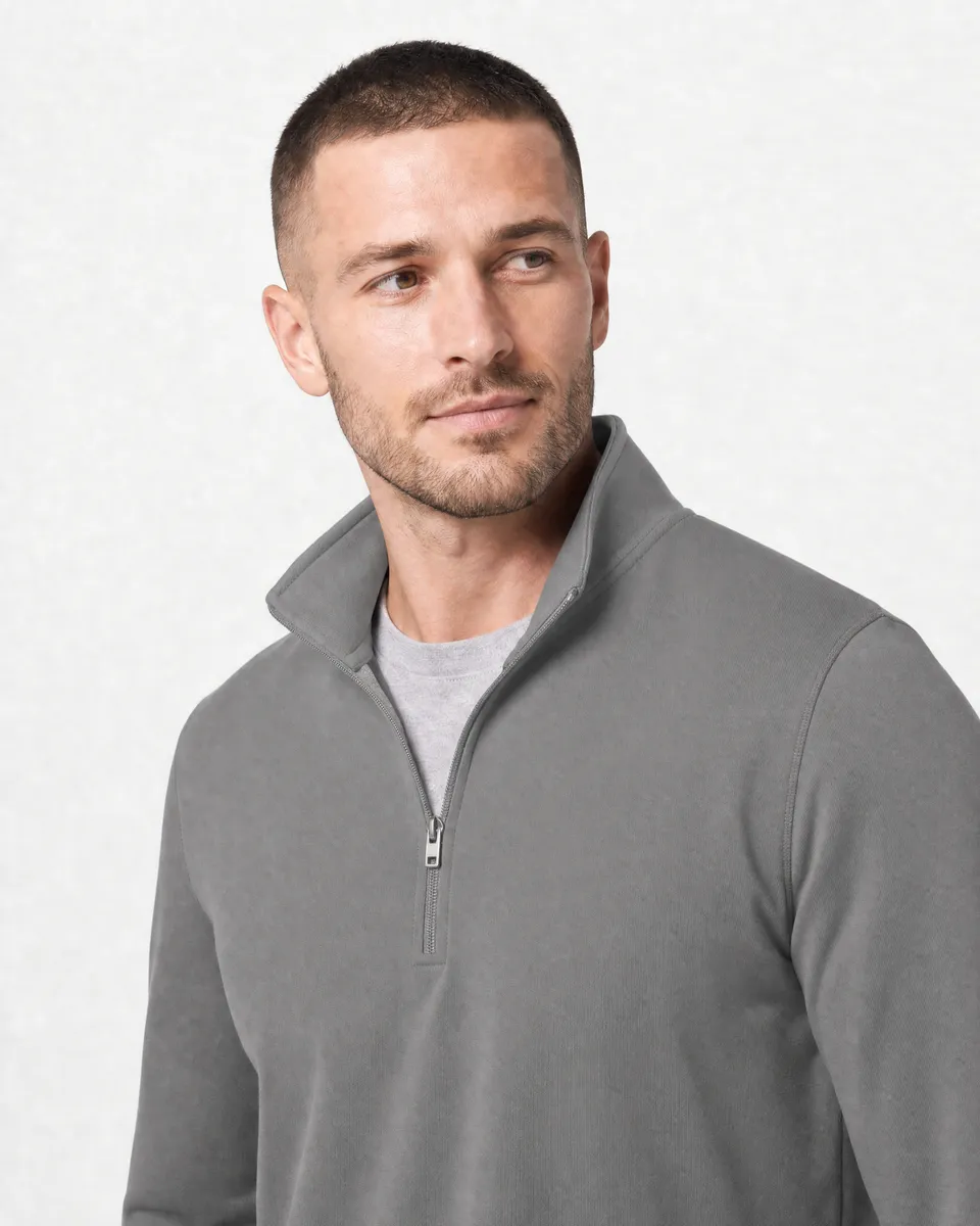 StringKing Men's Pima Terry Quarter Zip - Sharp Fit, Frost Gray, Collar Shoulder - Human Model
