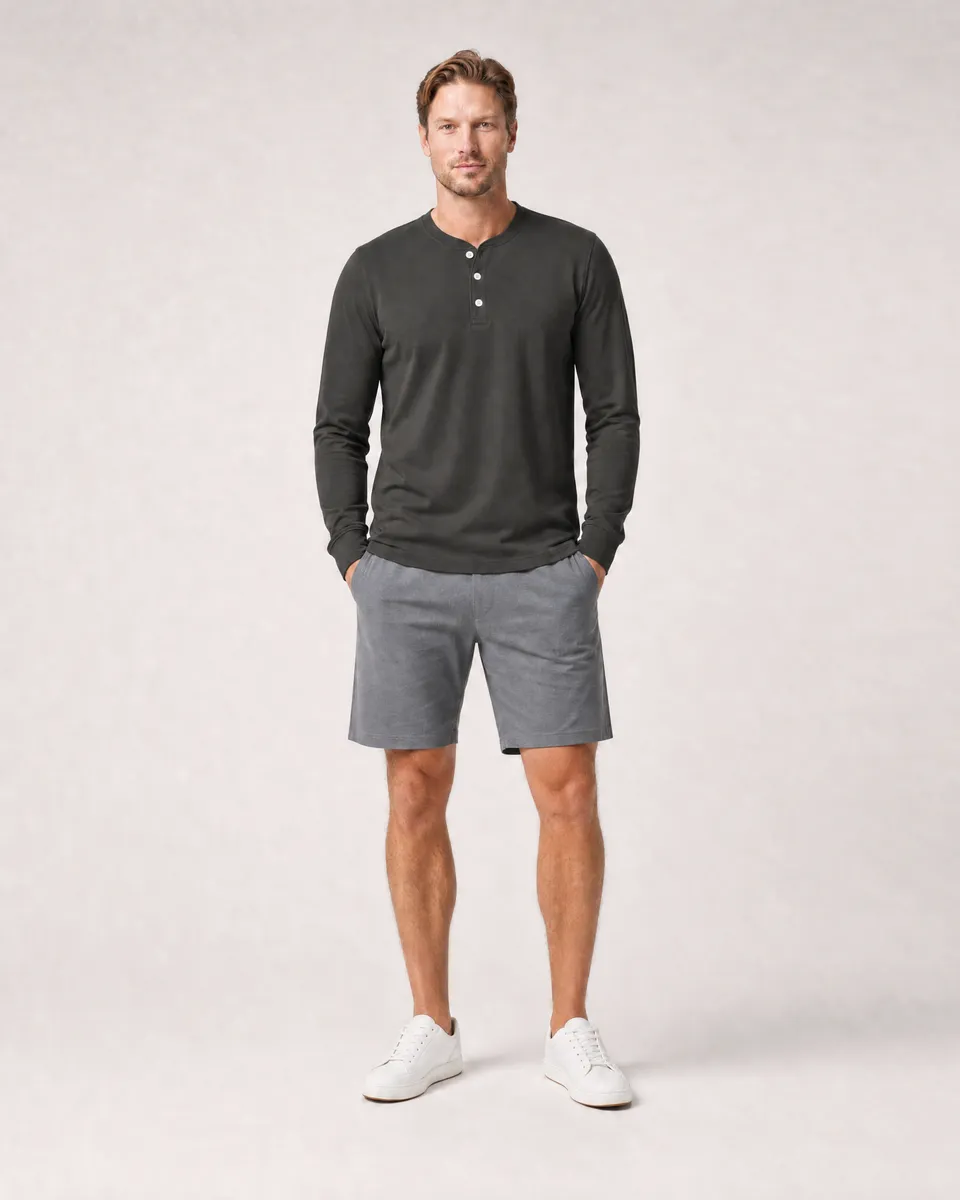 StringKing Men's Pima Jersey Henley - Sharp Fit, Peat, Full Front - Human Model