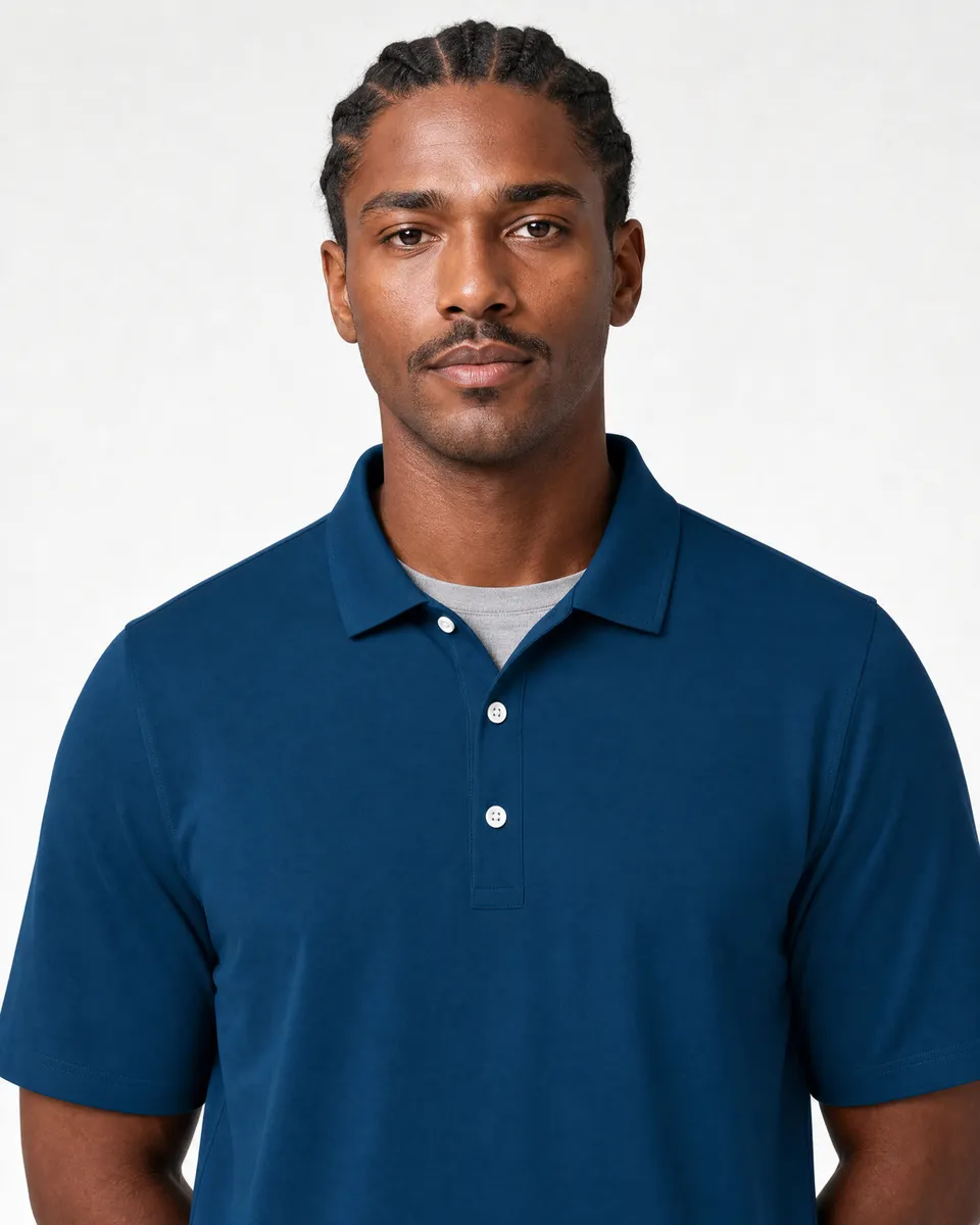 StringKing Men's StayCool Polo - Relaxed Fit, Navy Blue, Collar Shoulder - Human Model