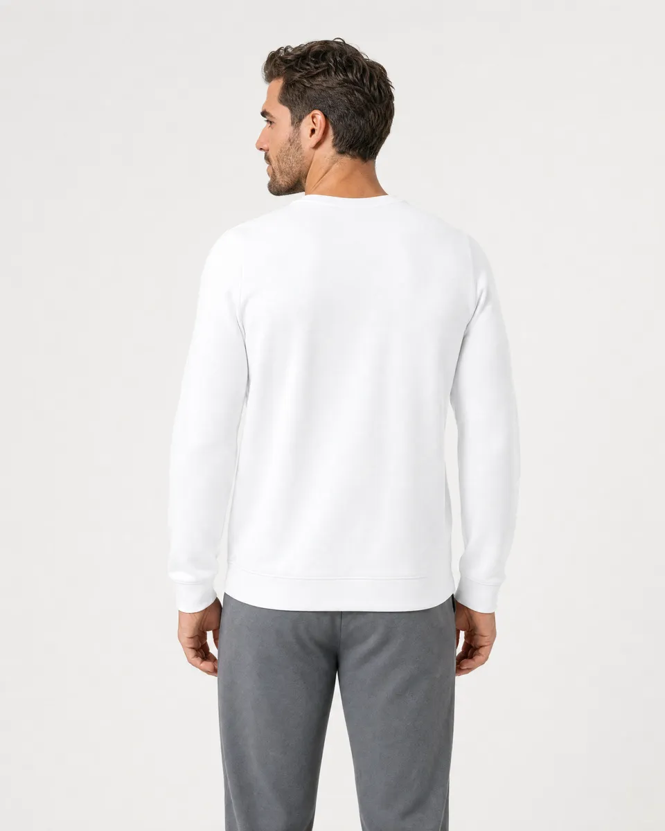 StringKing Men's Pima Terry Crew Sweater - Sharp Fit, White, Full Back - Human Model - Top of head to Mid-thigh