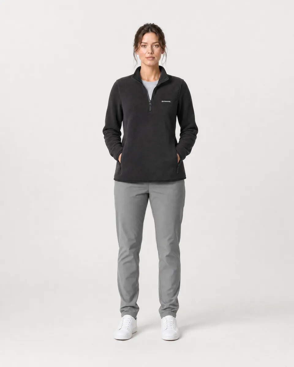 StringKing Women's Polartec Fleece Quarter Zip with Pockets - Sharp Fit, Meteorite, Full Front - Human Model