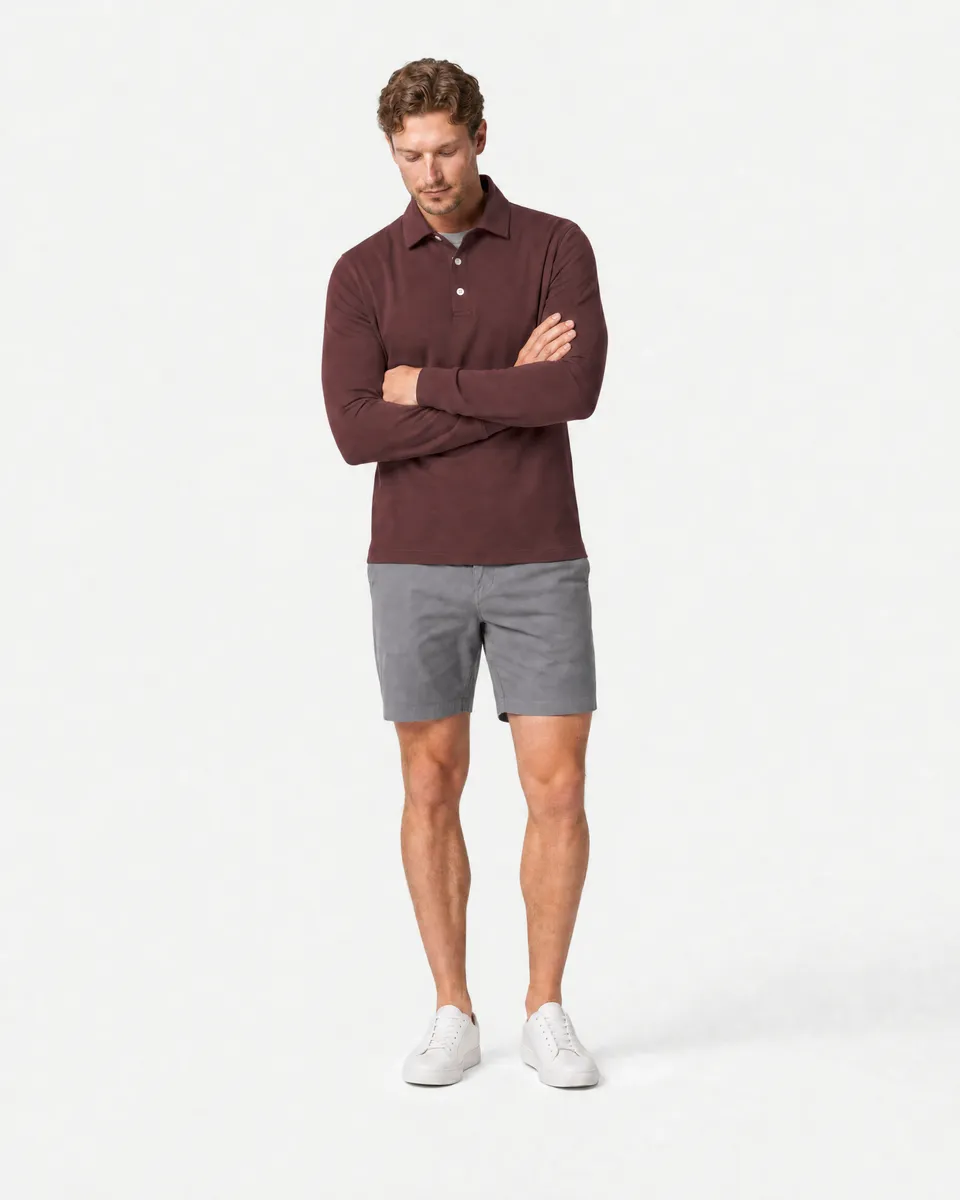 StringKing Men's Pima Jersey Long Sleeve Polo - Sharp Fit, New Maroon, Full Front Angle - Human Model