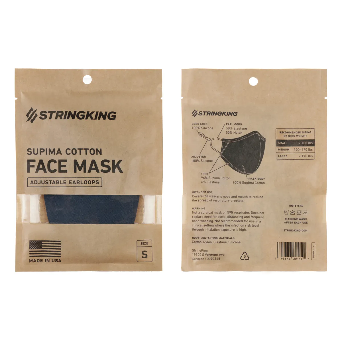 StringKing Cloth Face Mask - Adjustable, Single, Small, Navy, Front, Back