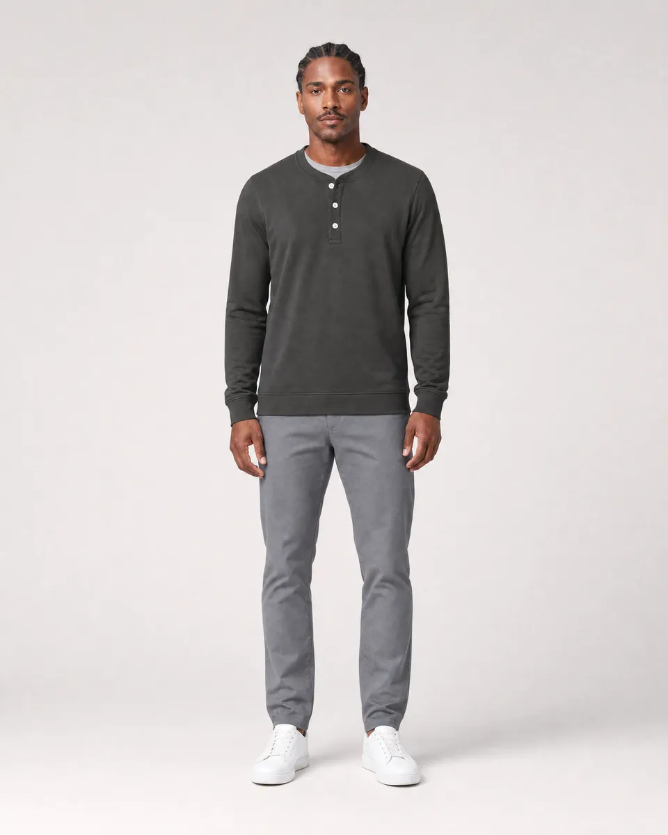 StringKing Men's Pima Terry Henley - Sharp Fit, Peat, Full Front - Human Model