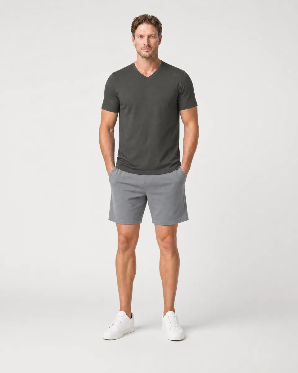 StringKing Men's Pima Terry V-Neck Tee - Relaxed Fit, Peat, Full Front - Human Model