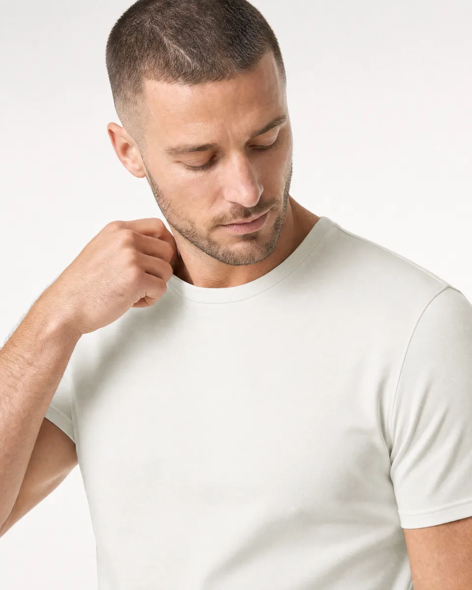 StringKing Men's Pima Terry Tee - Relaxed Fit, Tofu, Collar Shoulder - Human Model