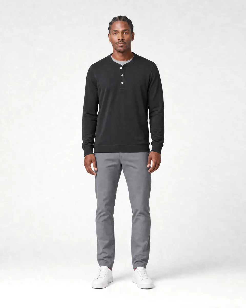 StringKing Men's Pima Terry Henley - Sharp Fit, Black, Full Front - Human Model