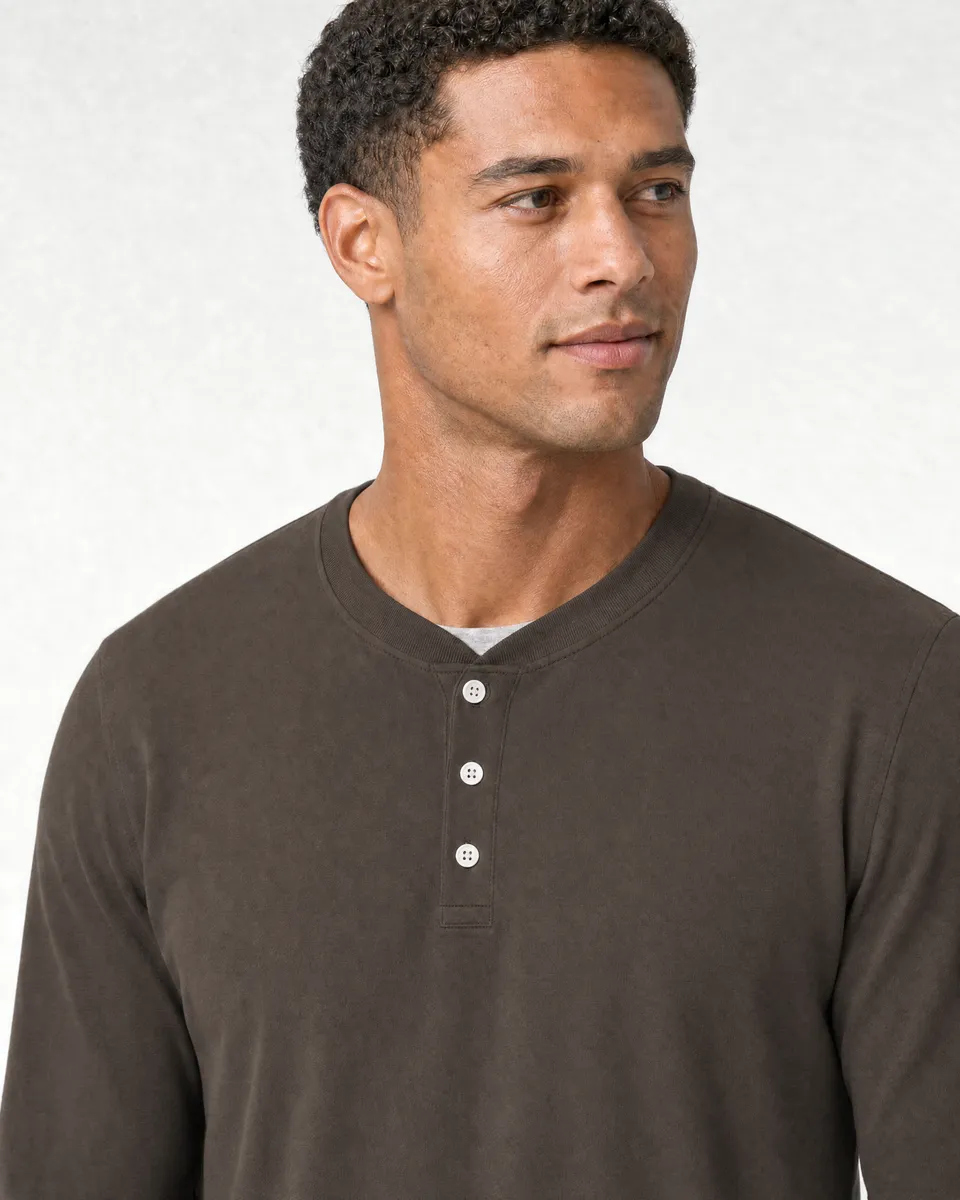 StringKing Men's Pima Jersey Henley - Sharp Fit, Wren, Collar Shoulder - Human Model