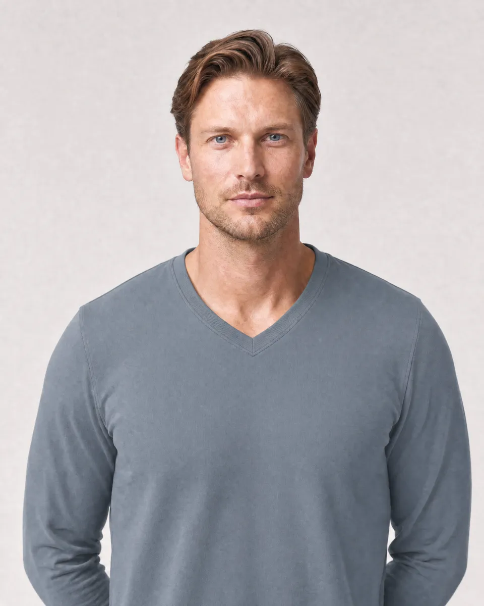 StringKing Men's Pima Terry Long Sleeve V-Neck Tee - Sharp Fit, Tradewinds, Collar Shoulder - Human Model