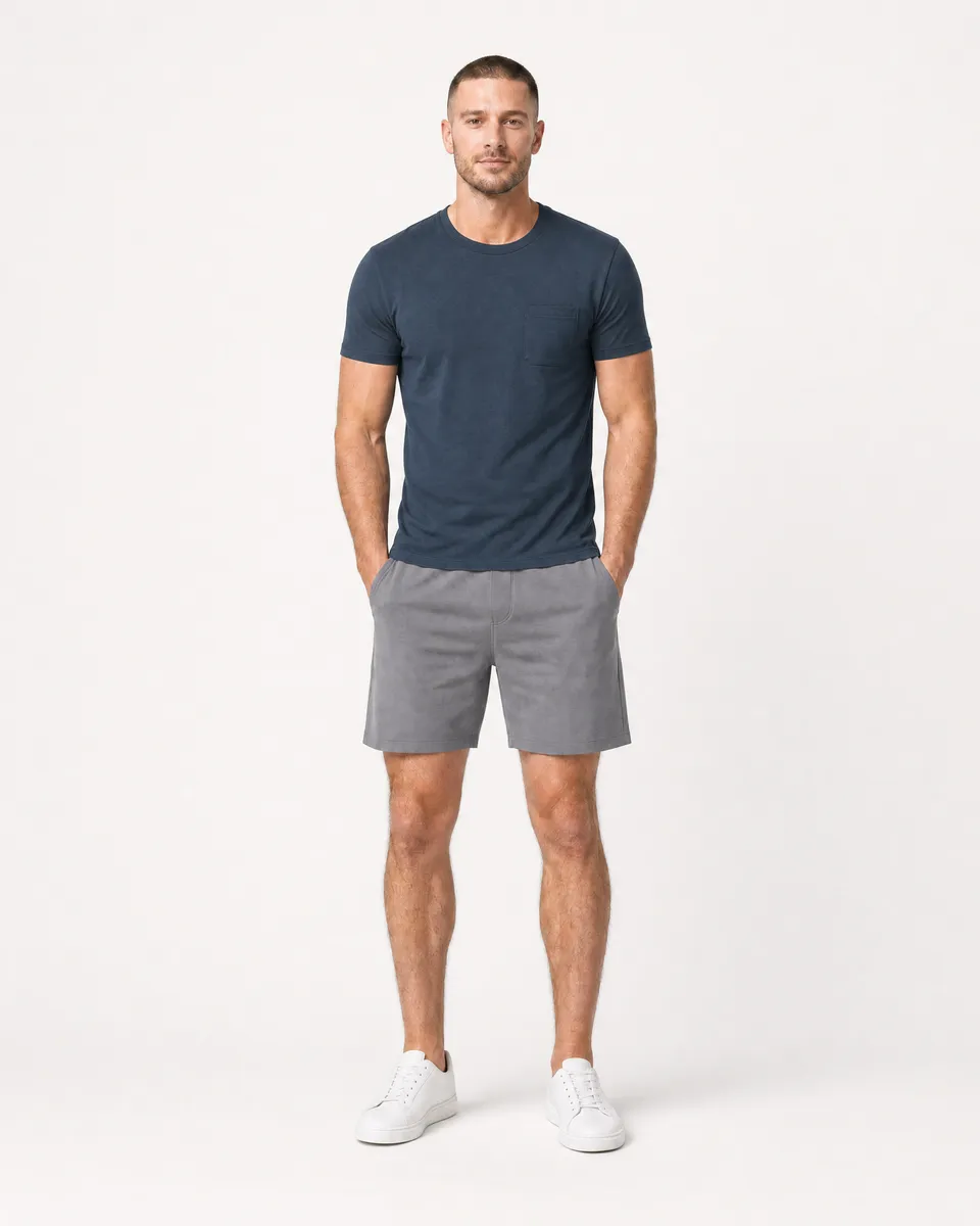 StringKing Men's Pima Jersey Pocket Tee - Sharp Fit, Navy, Full Front - Human Model - Top of head to Knees