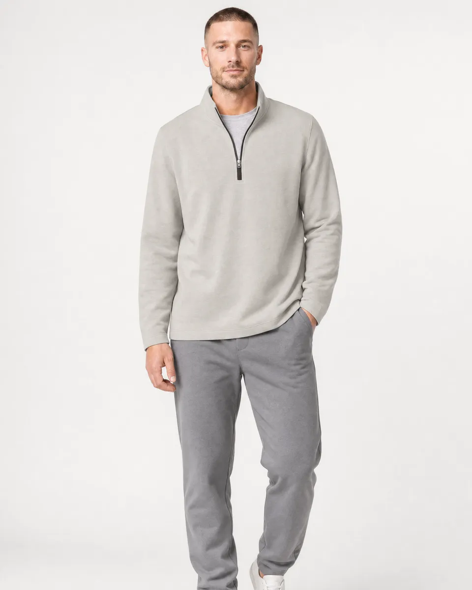 StringKing Men's Pima Terry Quarter Zip - Relaxed Fit, Moonstruck, Full Front - Human Model - Top of head to Knees