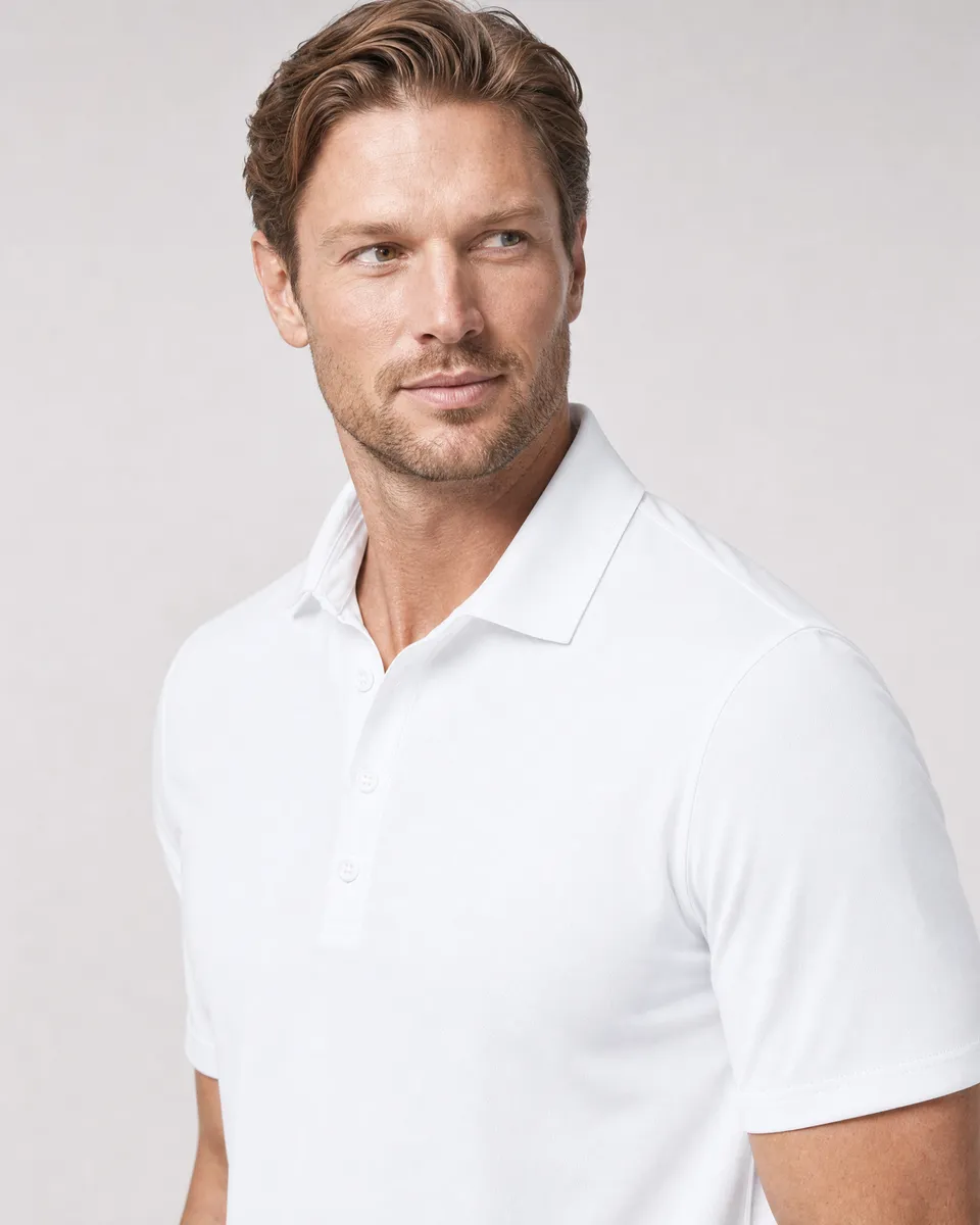 StringKing Men's StayCool Polo - Sharp Fit, White, Collar Shoulder - Human Model