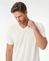 StringKing Men's Pima Jersey V-Neck Tee - Relaxed Fit, Tofu, Collar Shoulder - Human Model