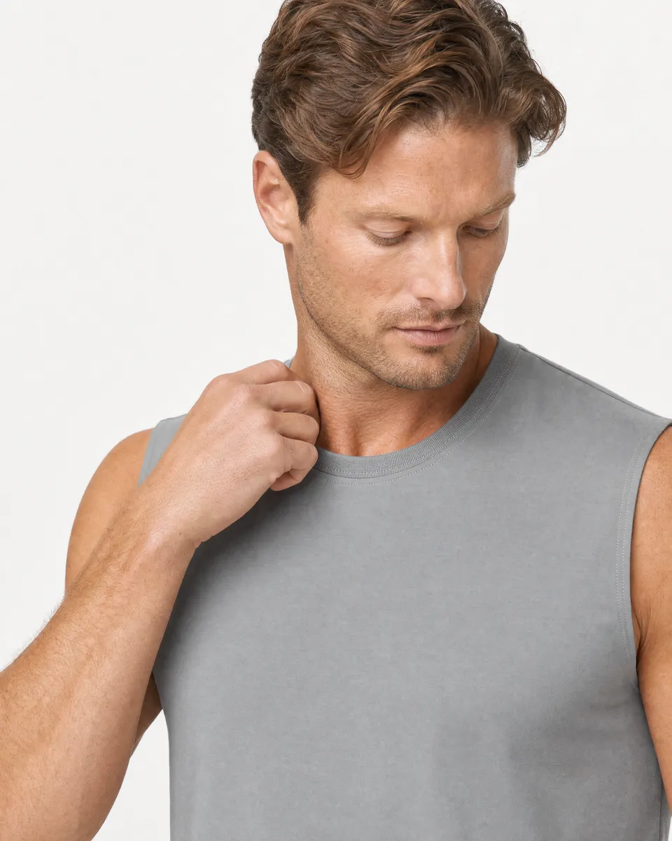 StringKing Men's StayCool Tank Top - Relaxed Fit, Gray, Collar Shoulder - Human Model