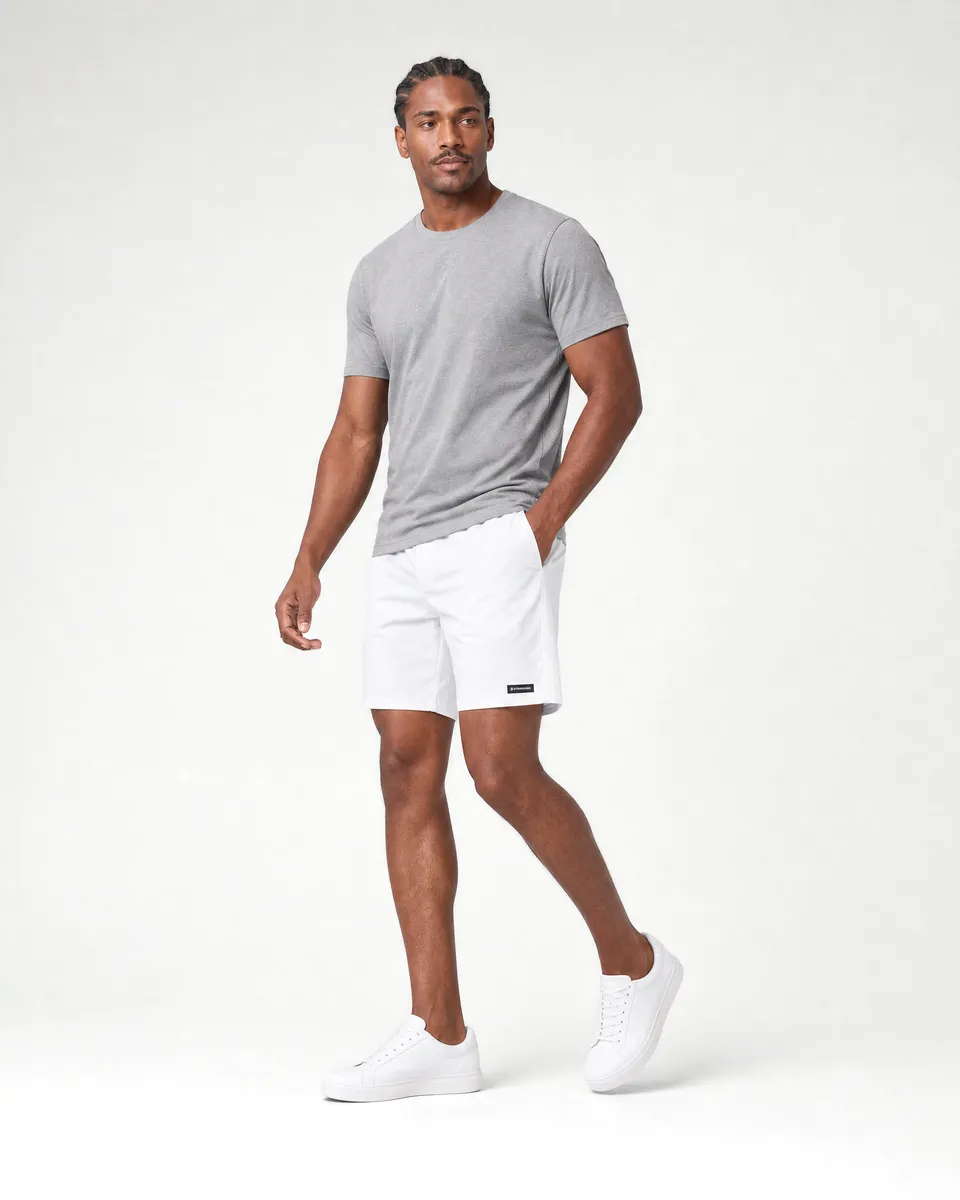 StringKing Men's Nylon Flex Shorts - Sharp Fit, White, Full Front Angle - Human Model