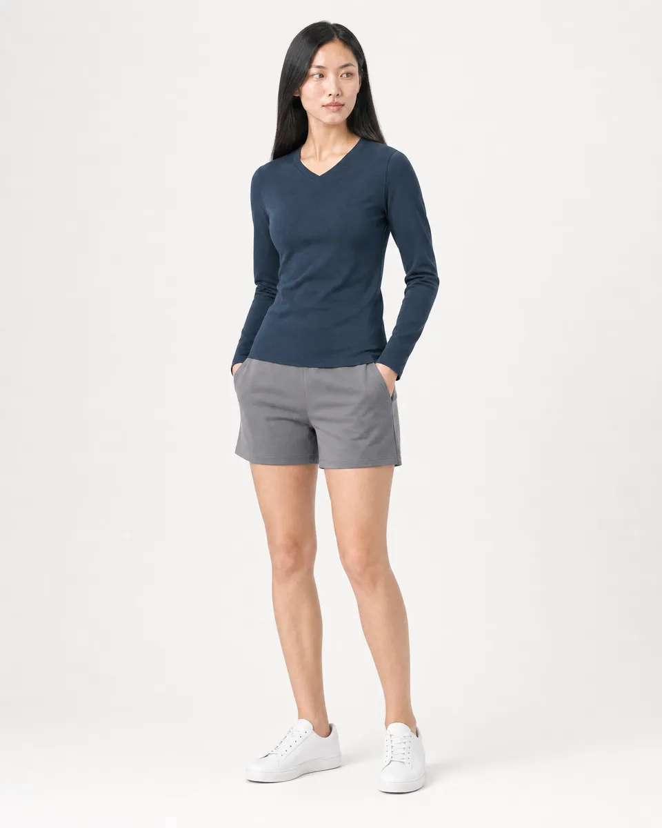 StringKing Women's Pima Jersey Long Sleeve V-Neck Tee - Sharp Fit, Navy, Full Front - Human Model - Top of head to Knees