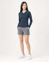 StringKing Women's Pima Jersey Long Sleeve V-Neck Tee - Sharp Fit, Navy, Full Front - Human Model - Top of head to Knees